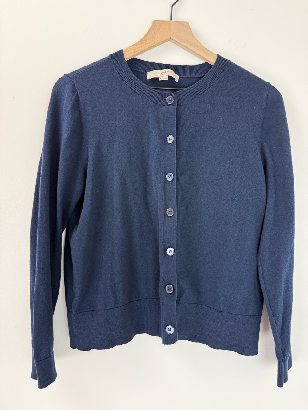 LOFT Navy Cotton Button-Front Cardigan